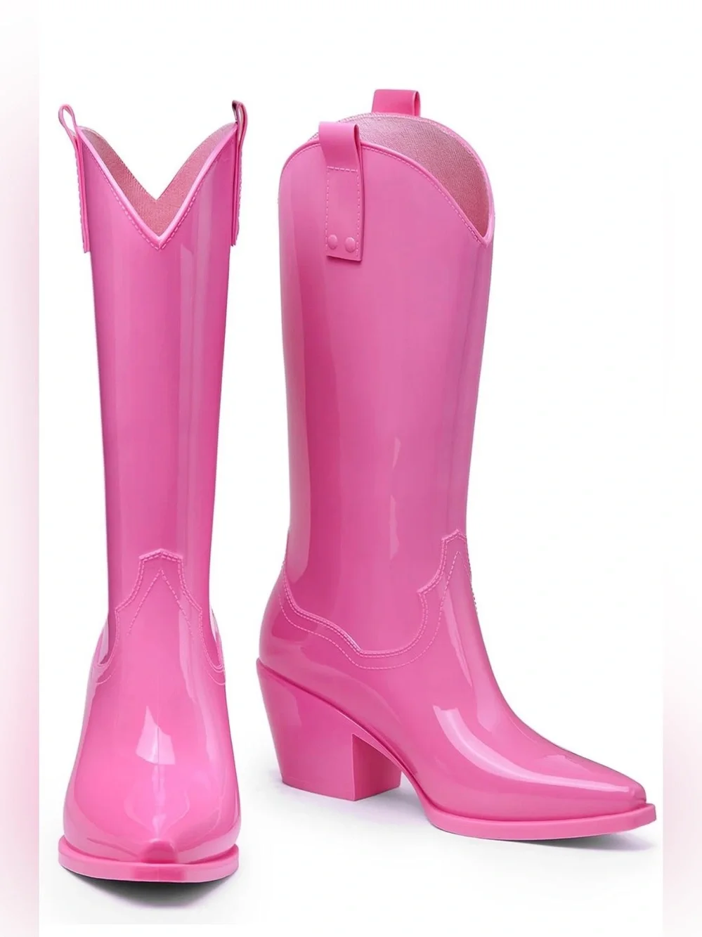 Women's Pink Glossy Mid-Calf Heel rain Boots 9